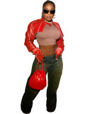 Women Patchwork Line Pu Leather Crop Jacket