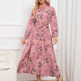 Women Balloon Sleeve Stand Collar Lace Floral Maxi Dress
