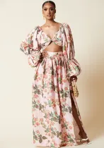 Women Long Sleeve Printed Crop Top and Slit Skirt Two-piece Set