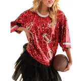 Women Summer Sequined Loose Round Neck Half Sleeve T-Shirt