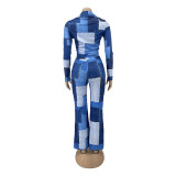 Women Casual Printed Long Sleeve Shirt and Pant Two-piece Set