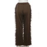 Autumn Women's Casual High Waisted Solid Color Fur Loose Straight Long Casual Pants