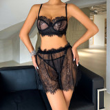 Fashionable Lace See-Through Strap Lingerie Sexy Underwear Three-Piece Outfit
