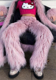 Autumn Women's Casual High Waisted Solid Color Fur Loose Straight Long Casual Pants