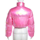 Winter Women's Street Fashion Bright Zipper High Collar Warm Cotton Padded Jacket