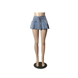 High Waist Fashion Casual Sexy Pleated Mini Denim Skirt