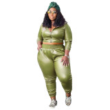 Plus Size Women's Fashion Casual Solid Color Pu Leather Two-Piece Pants Set For Women