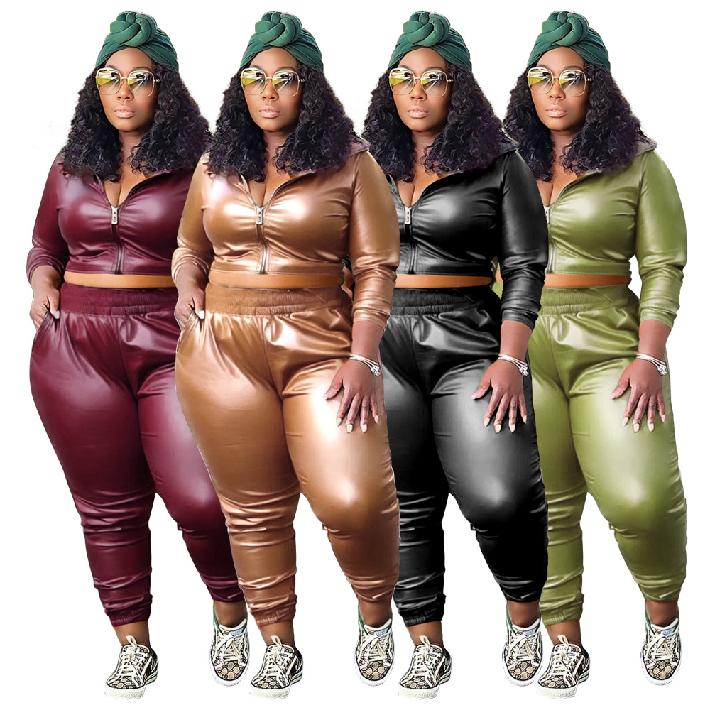 Plus Size Two Pieces Leather Pants Set Solid Color Skinny 2PC