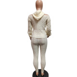 Women's Fashion Solid Color High Stretch Knitting Hooded Sweater Slim Long Pants Two Piece Set