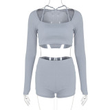 Autumn And Winter Women's Knitting Ribbed High Stretch Sports And Fitness Two-Piece Shorts Set For Women