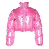 Winter Women's Street Fashion Bright Zipper High Collar Warm Cotton Padded Jacket