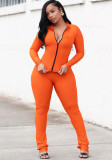 Women Autumn and Winter Contrast Color Zipper Long Sleeve Top And Pants Casual Two-piece Set