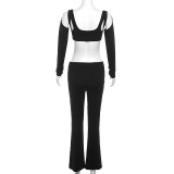 Women long-sleeved crop T-shirt and high-waisted Pant Casual two-piece set