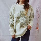Christmas Women Autumn and Winter Loose Snowflake Round Neck Long Sleeve Sweater