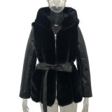 Women Faux furry Belted Hooded Solid Zip Jacket