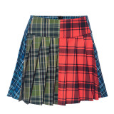 Women Autumn and Winter Contrast Color Plaid Pleated Skirt