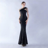 Women Ostrich Feather Beads Symphony Sequins Formal Party Evening Dress