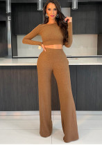 Women Autumn and Winter Long Sleeve Crop Top and Pant Casual Two-piece Set