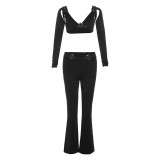 Women long-sleeved crop T-shirt and high-waisted Pant Casual two-piece set
