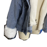 Women Winter Loose Fur Collar Turndown Collar Denim Jacket