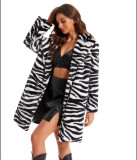 Women Autumn and Winter Zebra Print Faux furry Turndown Collar Warm Jacket