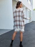 Women V-neck Casual Long Sleeve Plaid Basic Knitting Dress