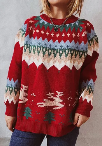 Christmas Women Raglan Sleeve Elk Christmas Tree Sweater