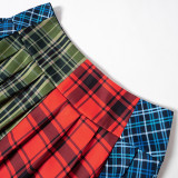 Women Autumn and Winter Contrast Color Plaid Pleated Skirt