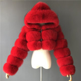 Women Faux furry Hooded Long Sleeve Crop Jacket