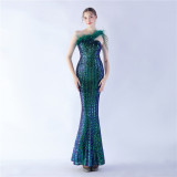 Women Ostrich Feather Beads Symphony Sequins Formal Party Evening Dress