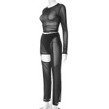Women autumn and winter mesh hollow See-Through long-sleeved Top and Pant Casual two-piece set