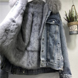 Women Winter Fur Collar Detachable Denim Plush Jacket