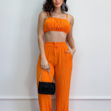 Women Summer Solid Sleeveless Sexy Suspender Top and Pleated Pants Two-piece Set