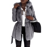 Women Faux furry Belted Hooded Solid Zip Jacket