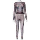 Women Autumn and Winter Mesh Printed Long Sleeve Top and Pants Casual Two-piece Set