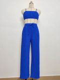 Women Summer Solid Sleeveless Sexy Suspender Top and Pleated Pants Two-piece Set