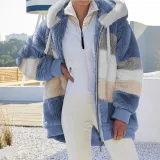 Autumn And Winter Warm Plush Patchwork Zipper Pocket Hooded Loose Coat For Women