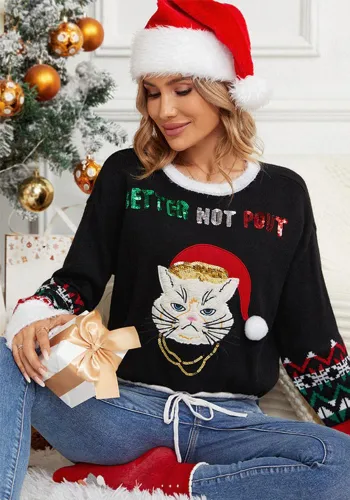 Women's Cute Kitten Embroidered Christmas Black Sweater Pullover Short Sweater