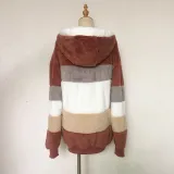 Autumn And Winter Warm Plush Patchwork Zipper Pocket Hooded Loose Coat For Women