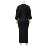 Women's Plus Size African Solid Color Texture Pleated Dress