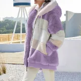 Autumn And Winter Warm Plush Patchwork Zipper Pocket Hooded Loose Coat For Women