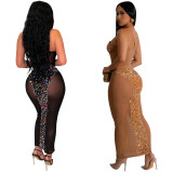 Fashion Women's Solid Color Sexy Strapless See-Through Sequin Dress