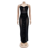 Fashion Women's Solid Color Sexy Strapless See-Through Sequin Dress