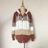 Autumn And Winter Warm Plush Patchwork Zipper Pocket Hooded Loose Coat For Women