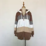Autumn And Winter Warm Plush Patchwork Zipper Pocket Hooded Loose Coat For Women