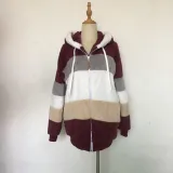 Autumn And Winter Warm Plush Patchwork Zipper Pocket Hooded Loose Coat For Women