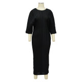 Women's Plus Size African Solid Color Texture Pleated Dress