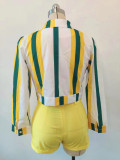 Women's Striped Digital Print Lace-Up Short Turndown Collar Shirt Shorts Two-Piece Set