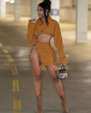 Autumn And Winter Women's Sexy Fleece Turndown Collar Slit Two Piece Skirt Set
