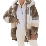 Autumn And Winter Warm Plush Patchwork Zipper Pocket Hooded Loose Coat For Women